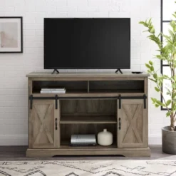 Transitional Sliding Barndoor Highboy TV Stand For TVs Up To 58" - Saracina Home -Furniture Shop GUEST 36bb9b85 ffb1 46e0 b0d8 822e73b5b63d