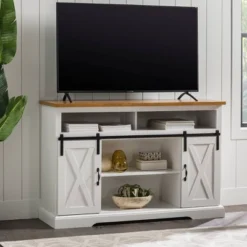 Transitional Sliding Barndoor Highboy TV Stand For TVs Up To 58" - Saracina Home -Furniture Shop GUEST 4c19d460 b0f1 4bd4 adae 7d662cd1c88d
