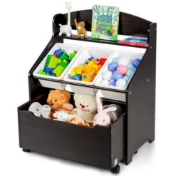 Costway Kids Wooden Toy Storage Unit Organizer W/Rolling Toy Box & Plastic Bins NaturalEspresso -Furniture Shop GUEST 80f5cdc8 b56c 40a6 9518 1678a6f77403