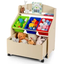 Costway Kids Wooden Toy Storage Unit Organizer W/Rolling Toy Box & Plastic Bins NaturalEspresso -Furniture Shop GUEST b1538226 2c79 451e 9800 9bc4afb4832c