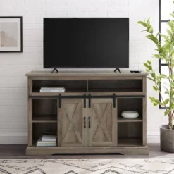 Transitional Sliding Barndoor Highboy TV Stand For TVs Up To 58" - Saracina Home -Furniture Shop GUEST d93bcb01 6b73 4caa 92df 0c0c138da9a4
