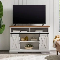Transitional Sliding Barndoor Highboy TV Stand For TVs Up To 58" - Saracina Home -Furniture Shop GUEST dd9ce182 82e2 4e7a a263 00af007d0202