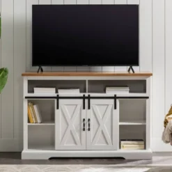 Transitional Sliding Barndoor Highboy TV Stand For TVs Up To 58" - Saracina Home -Furniture Shop GUEST e952740e 70ac 42e4 a86c 65befa0e8542